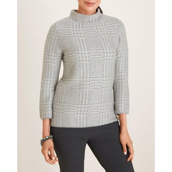Chicos Sweater Women Medium Gray Zip Back Metallic Plaid Pullover Cozy‎ Academia - Picture 1 of 13